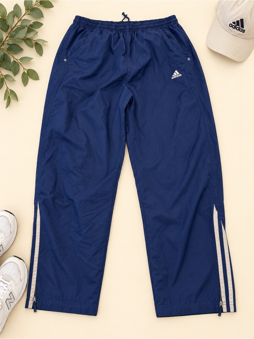 Adidas 3 Stripe Track Pants Men’s Navy Blue L Vintage Windbreaker Zip Ankle
